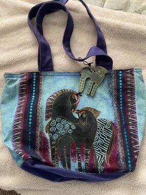 Laurel Burch Blue & Purple Printed Canvas Tote Bag with Horse Motif